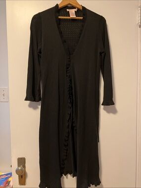 Black Long Ruffle-Trim Cardigan Sweater Silk Blend